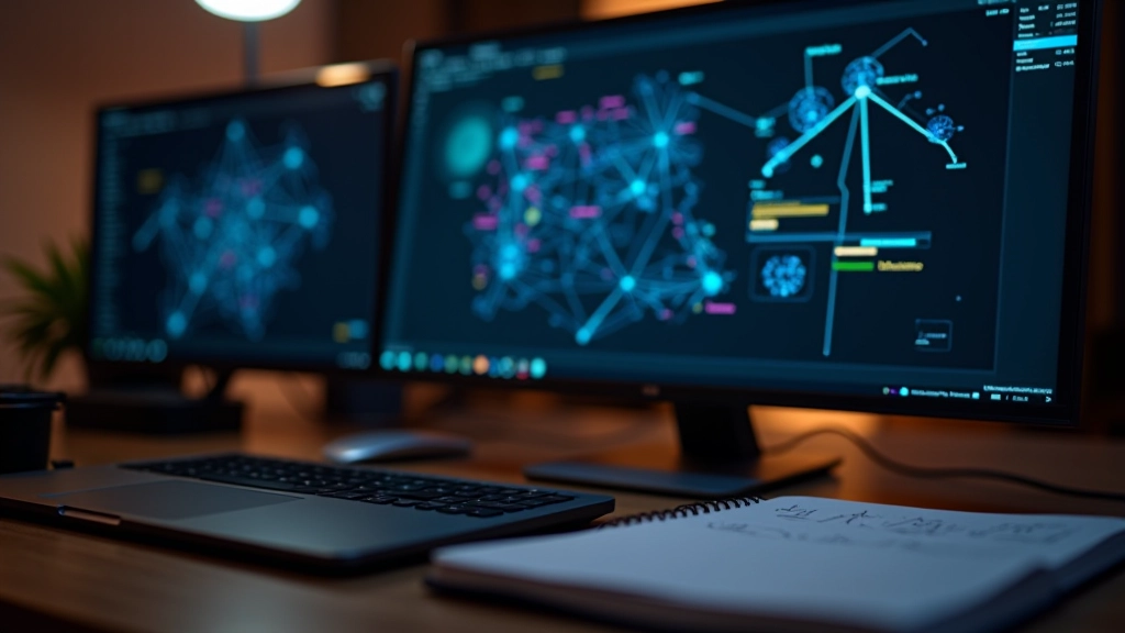 Código de red neuronal en pantalla de programador con visualización de nodos interconectados